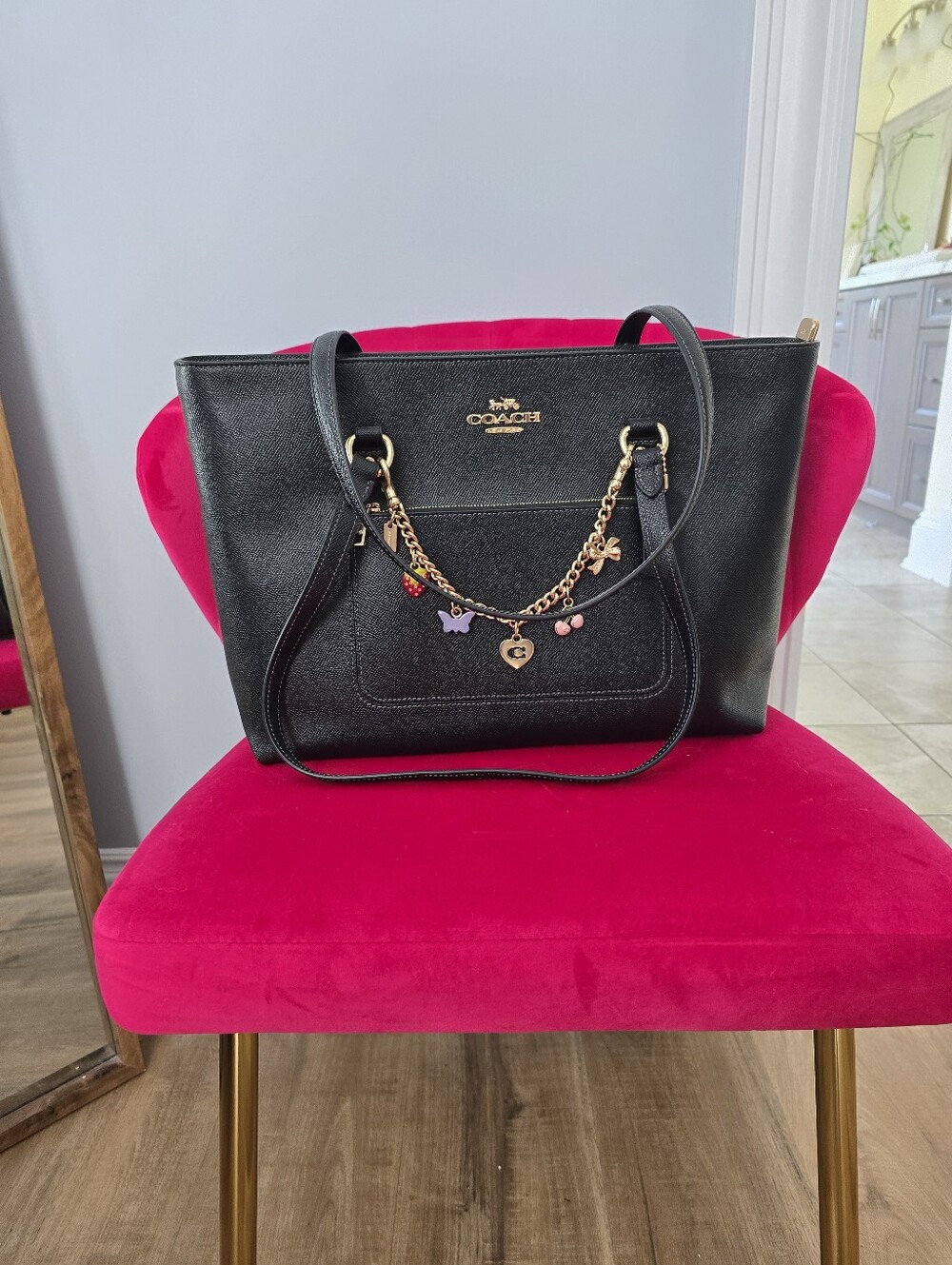 Coach Black Station Tote with Coach Gold Charm Chain